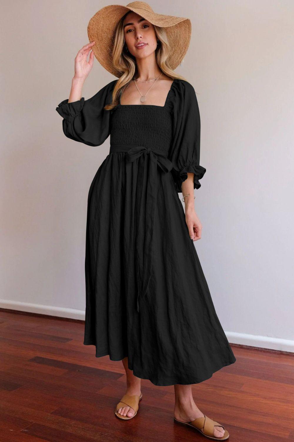 Women’s Midi Dress – Smocked Bodice – Puff Sleeve – A-Line Fit – Reversible Design