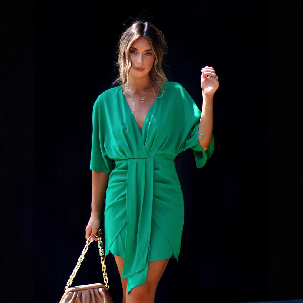 Women’s Skater Dress – V-Neck – Draped Waist – Soft Breathable Fabric – Mini Length