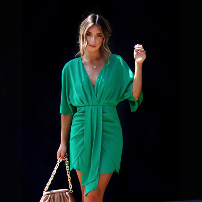 Women’s Skater Dress – V-Neck – Draped Waist – Soft Breathable Fabric – Mini Length