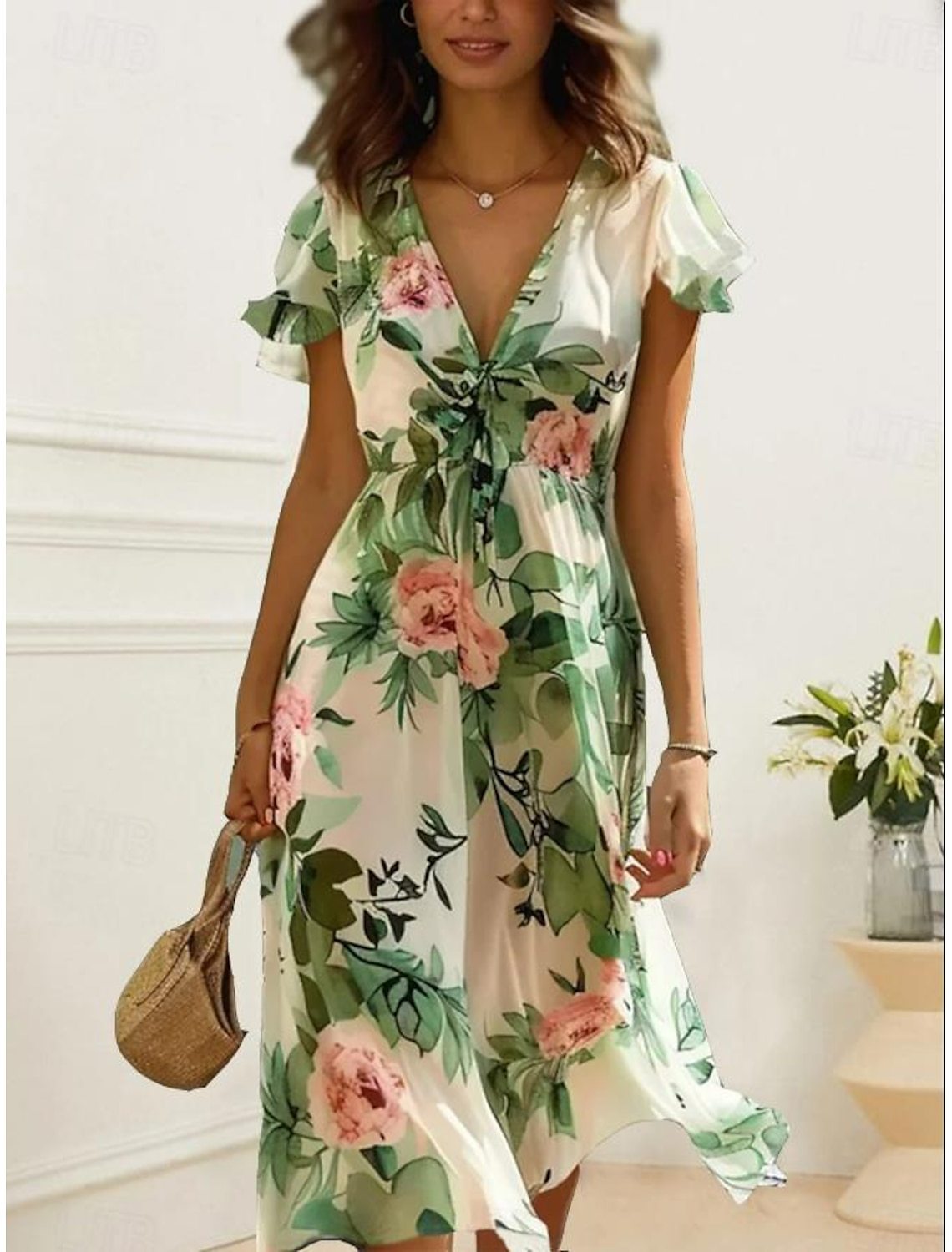 Women’s Midi Dress – Lightweight Chiffon – V-Neck – Ruffled Sleeves – Floral Print