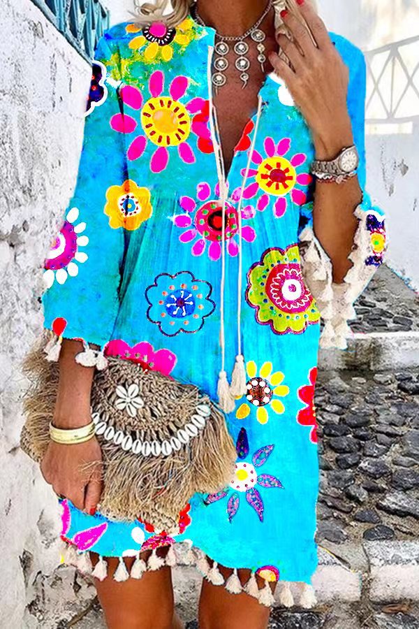 Women's Bohemian Dress - Loose Fit - Tie Neck - 3/4 Sleeve - Tassel Hem - Floral Print