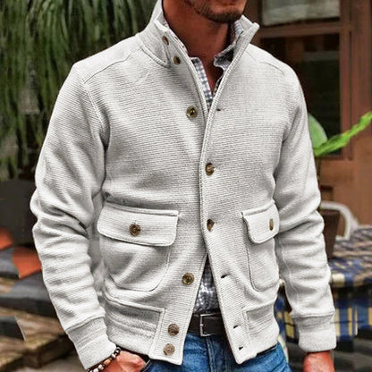 Men’s Jacket – Slim Fit – Textured Fabric – High Collar – Button Front – Flap Pockets