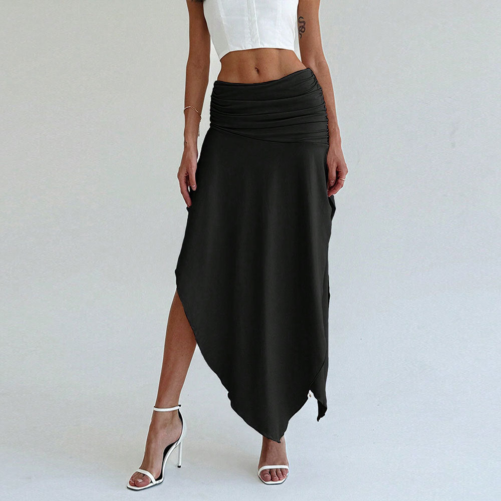 Women’s Midi Skirt – Satin Finish – Ruched Waist – Asymmetrical Hem – Elegant Fit