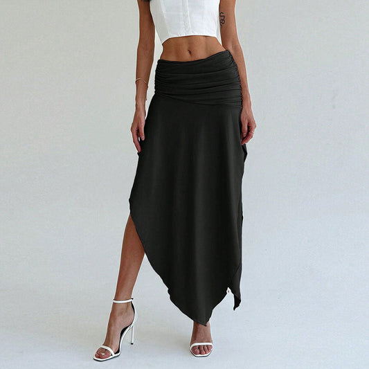 Women’s Midi Skirt – Satin Finish – Ruched Waist – Asymmetrical Hem – Elegant Fit