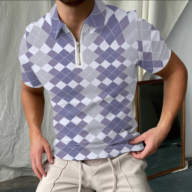 Men’s Polo Shirt – Slim Fit – Cotton – Checkered – Short Sleeve Zip Collar