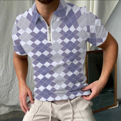 Men’s Polo Shirt – Slim Fit – Cotton – Checkered – Short Sleeve Zip Collar