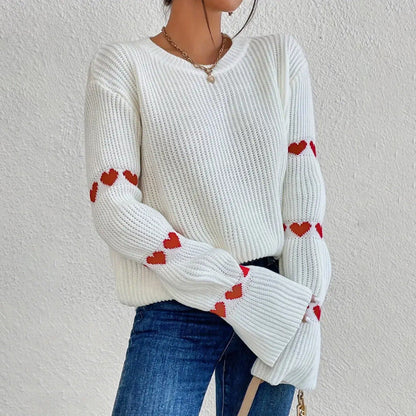 Women’s Pullover Sweater – Loose Fit Knit – Ribbed Texture – Bell Sleeves – Heart Detail