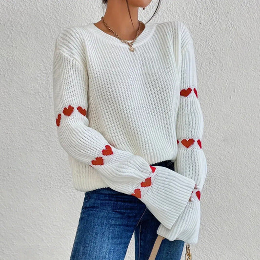 Women’s Pullover Sweater – Loose Fit Knit – Ribbed Texture – Bell Sleeves – Heart Detail