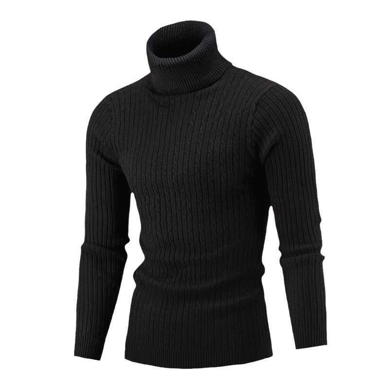 Men’s Turtleneck Sweater – Slim Fit – Wool Knit – Cable Pattern – Ribbed Hem