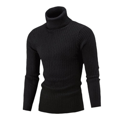 Men’s Turtleneck Sweater – Slim Fit – Wool Knit – Cable Pattern – Ribbed Hem