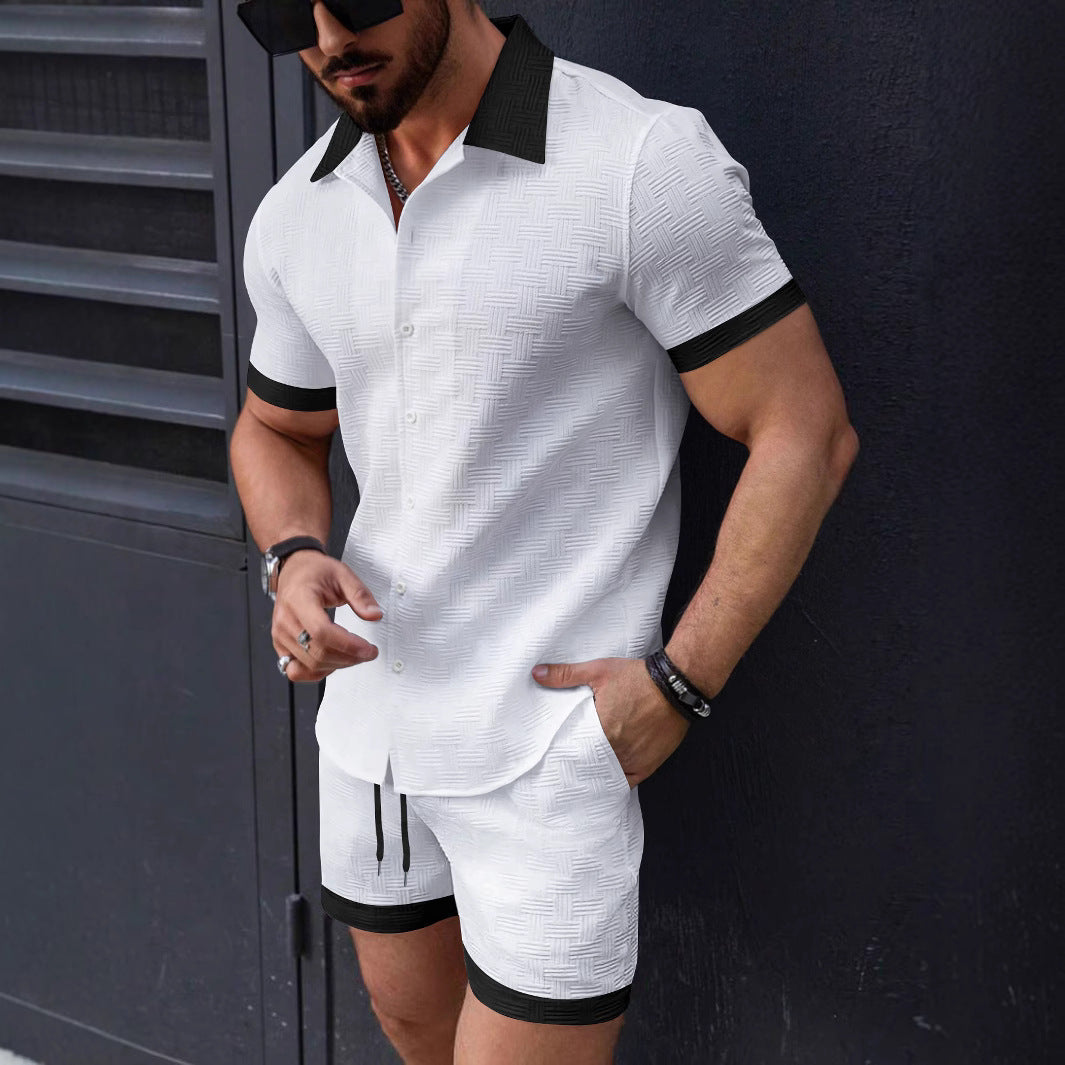 Men’s Shirt and Shorts Set – Jacquard – Relaxed Fit – Lapel Collar – Drawstring Waist