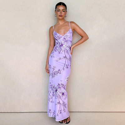Women’s Maxi Dress – Satin Blend – Slim Fit – V-Neck Spaghetti Straps Floral Print