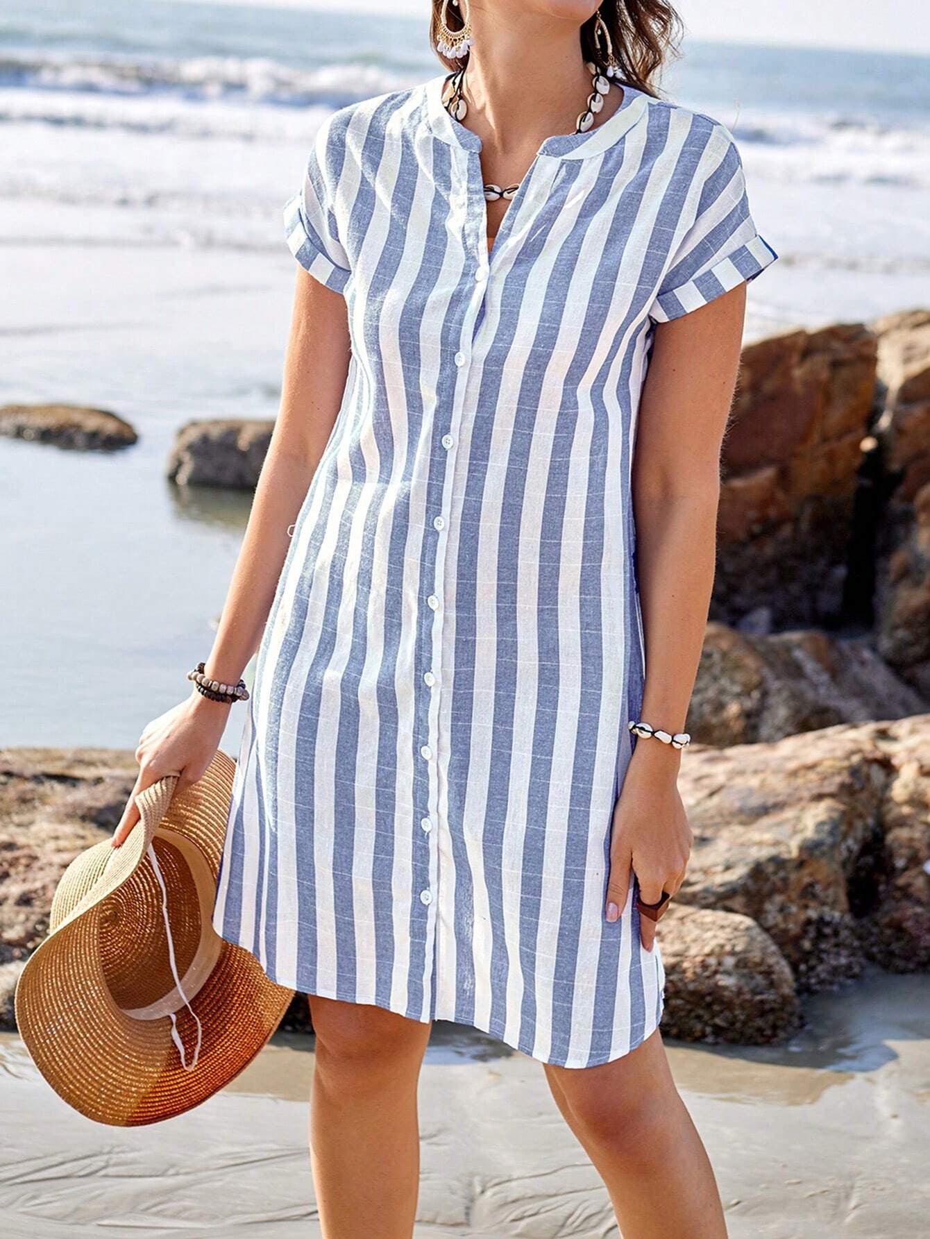 Women’s Shirt Dress – Relaxed Fit – Cotton Blend – Vertical Stripes – Short Sleeve