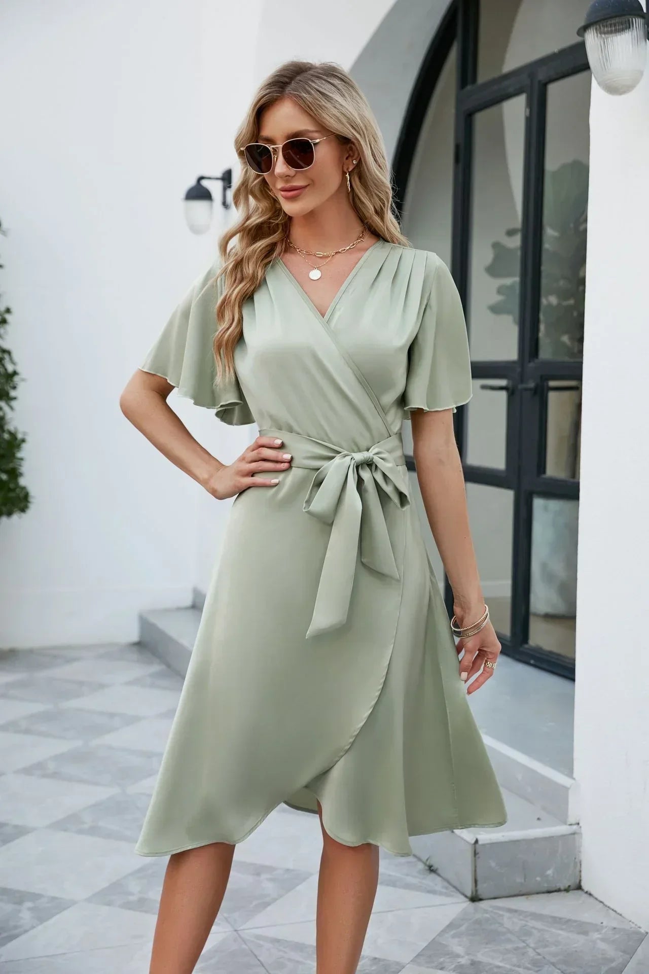 Women's Summer V-Neck Stylish Dress - Flowy Casual Outfit