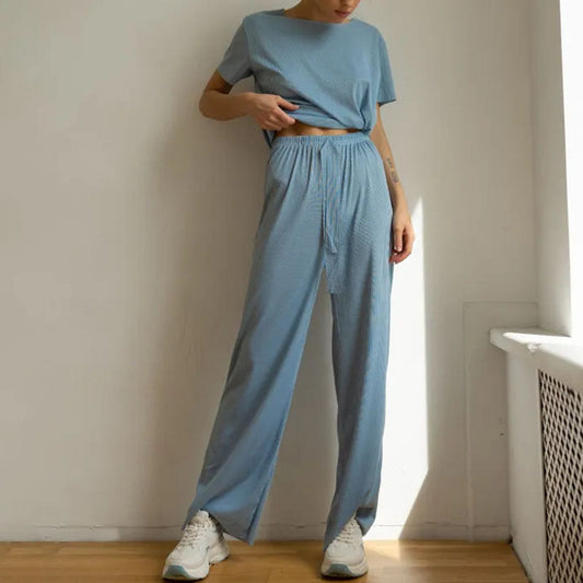 Women’s Lounge Set – Cropped Short Sleeve Top – Wide-Leg Trousers – Soft Breathable Fabric