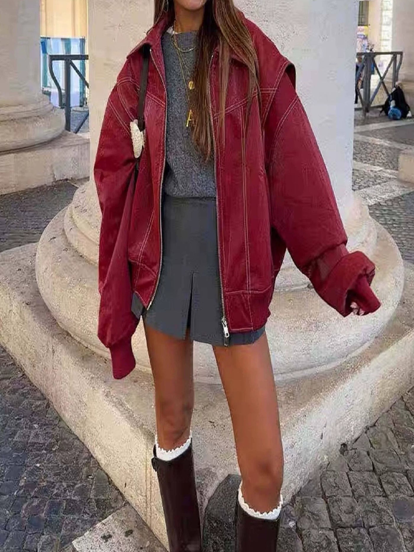 Women’s Oversized Jacket – Relaxed Fit – Contrast Stitching – Elastic Cuffs – Zip Front