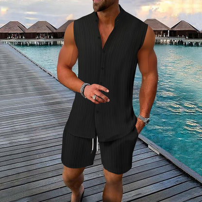 Men’s Shirt and Short Set – Relaxed Fit – Button-Up – Linen – Mandarin Collar