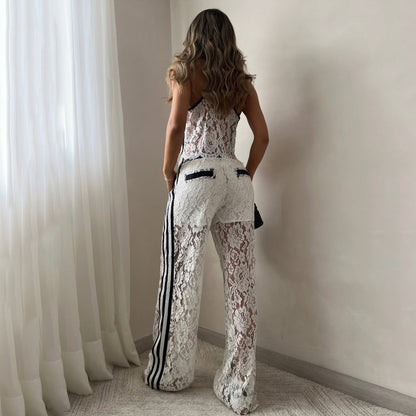 Women’s Two-Piece Set – Lace Camisole Crop Top – Drawstring Waist Sheer Trousers