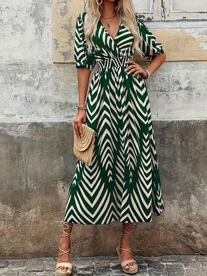 Women’s Midi Dress – A-Line Fit – V-Neck Wrap – Belted Waist – Puff Sleeves – Geometric Print
