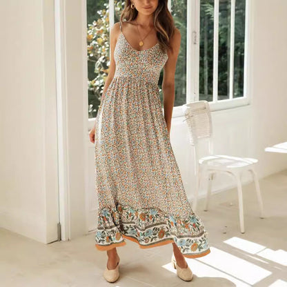 Women’s Maxi Dress – Floral Print – V-Neck Strappy – Flowy Boho Fit – Lightweight Fabric