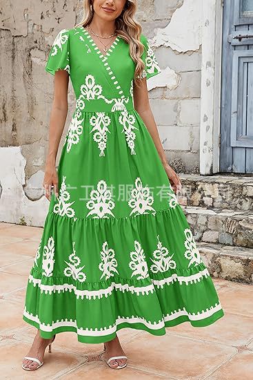 Women’s Maxi Dress – Bohemian A-Line Fit – Floral Print – V-Neck – Short Sleeve