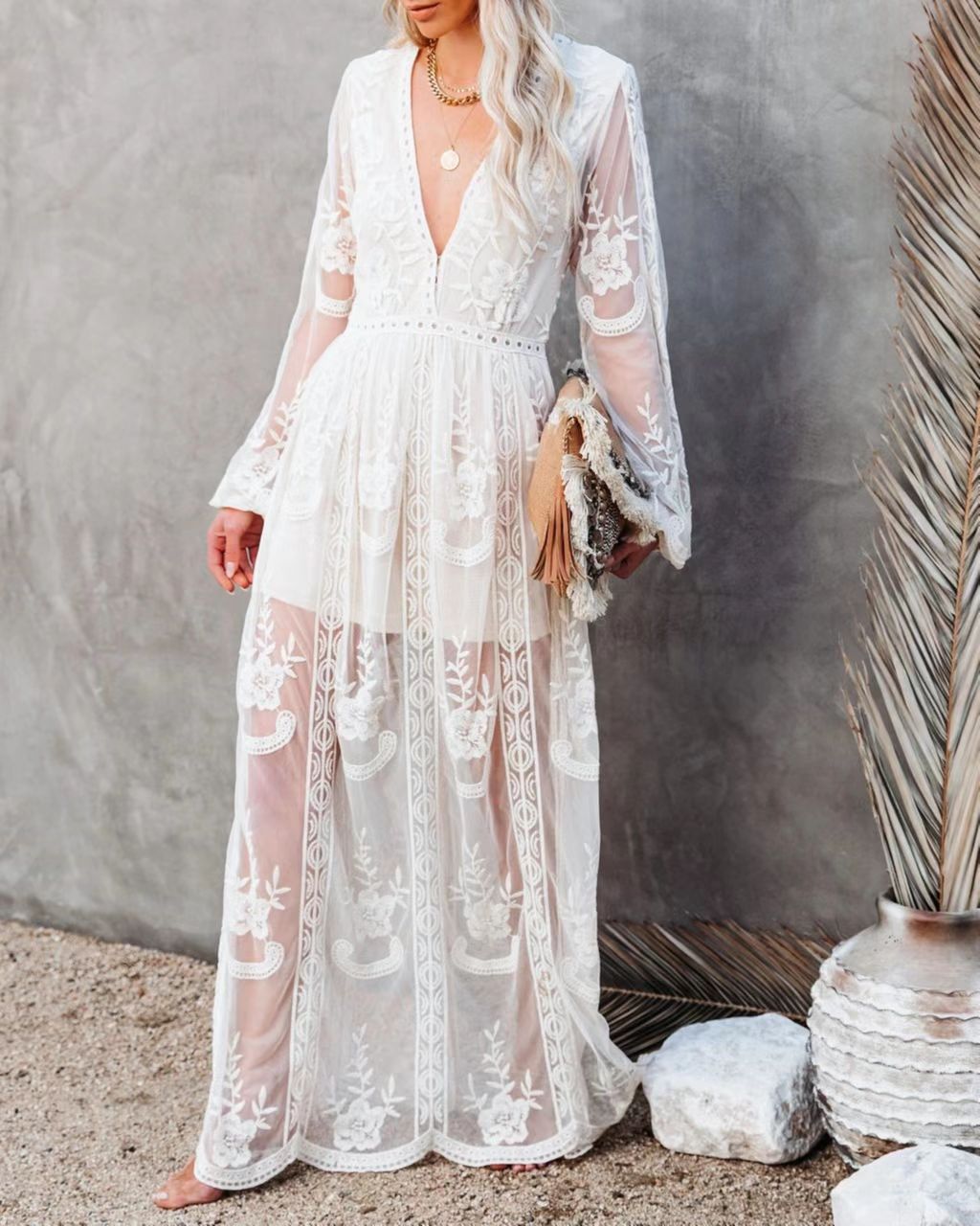 Women’s Long Dress – Lace Chiffon – V-Neck – Sheer Sleeves – High Slit – Formal Wear