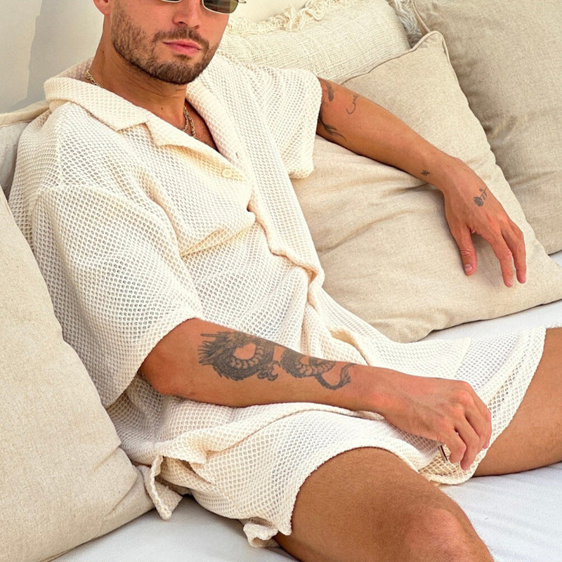 Men’s Outfit Set – Textured Button-Up Shirt and Drawstring Shorts – Relaxed Fit Breathable