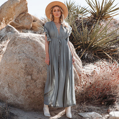 Women’s Maxi Dress – Flowy Fit – Ruffled Sleeves – V-Neck – Button Front – Elastic Waist