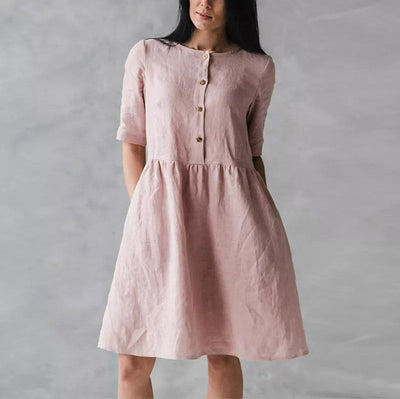 Women’s Midi Dress – Cotton Linen Blend – Relaxed Fit – Short Sleeve – Button Front with Pockets