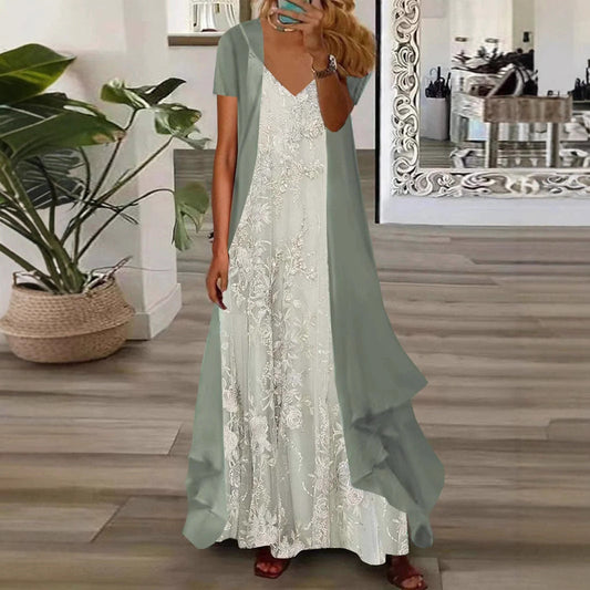 Women’s Two-Piece Set – Flowy Fit – Sheer Overlay – Embroidered Detail – V-Neck