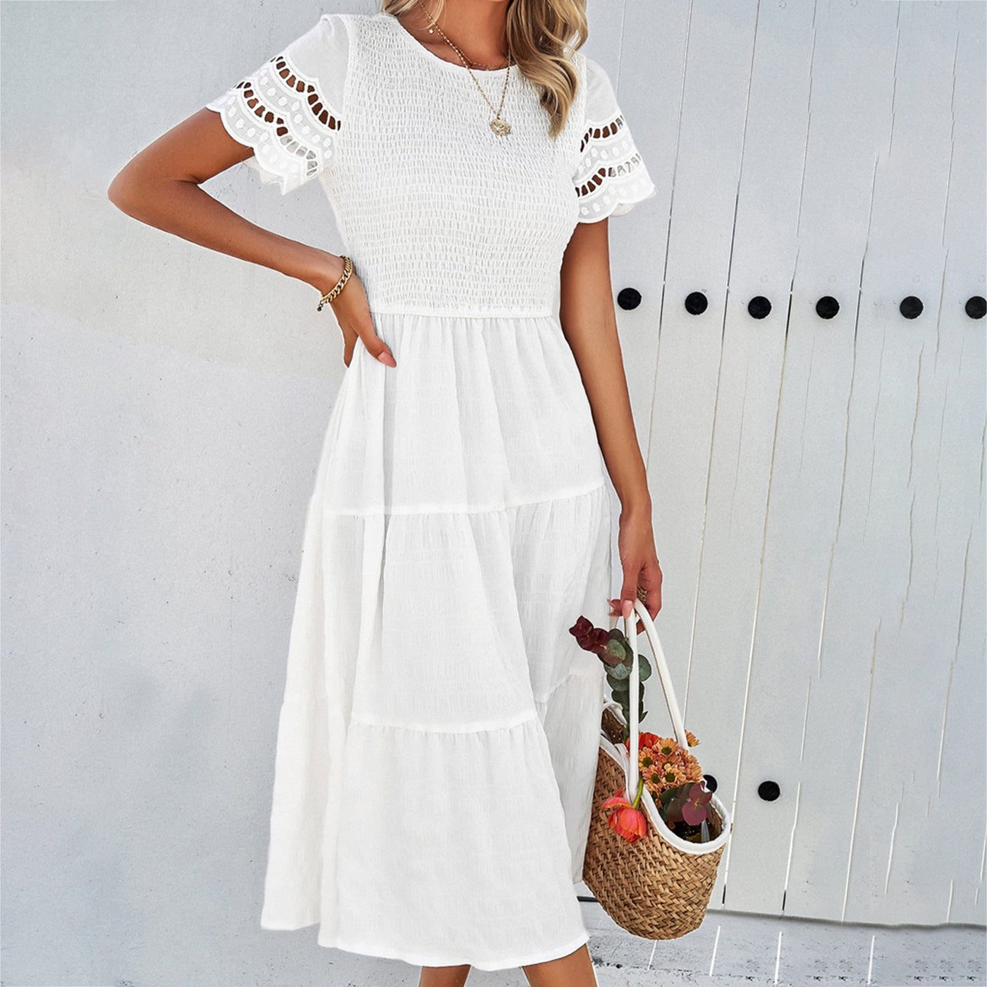 Women’s Midi Dress – Smocked Bodice – Tiered Skirt – Cut-Out Sleeves – Cotton Blend
