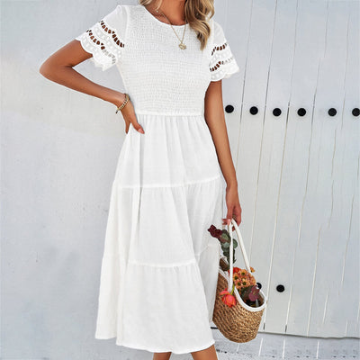 Women’s Midi Dress – Smocked Bodice – Tiered Skirt – Cut-Out Sleeves – Cotton Blend
