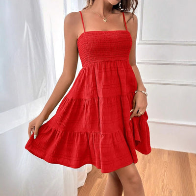 Women’s Short Dress – Smocked Bodice – Sleeveless A-Line – Tiered Cotton Casual Wear