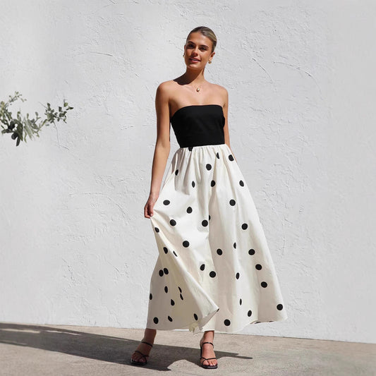 Women’s Maxi Dress – Strapless Wrap Bodice – Polka Dot – Cotton Blend A-Line Fit