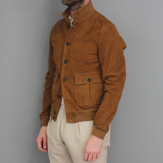 Men’s Suede Jacket – Slim Fit – Stand Collar – Button Front – Flap Pockets