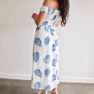 Women’s Midi Dress – Off-Shoulder – Smocked Bodice – Shell Print – Lightweight A-Line