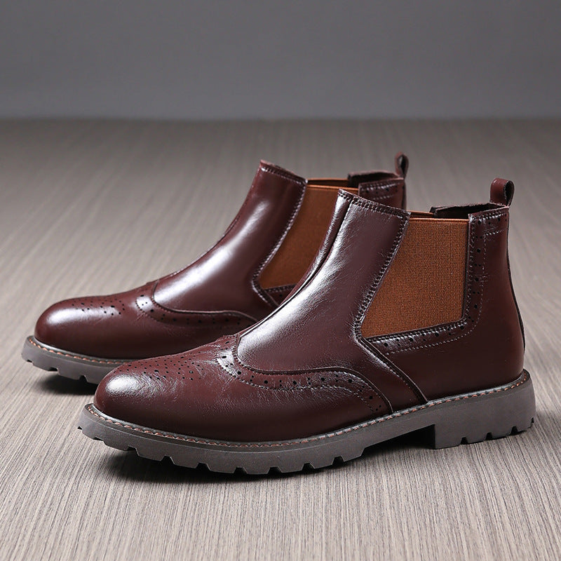 Men’s Chelsea Boots – Polished Leather – Brogue Detailing – Slip-On Ankle Fit
