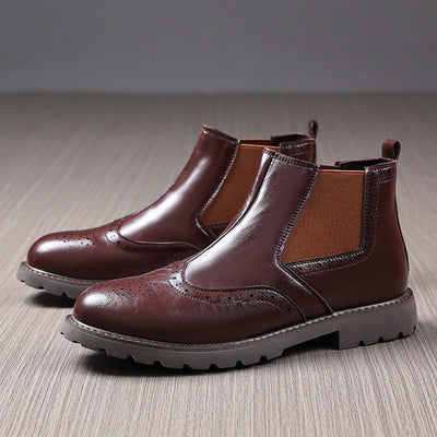 Men’s Chelsea Boots – Polished Leather – Brogue Detailing – Slip-On Ankle Fit