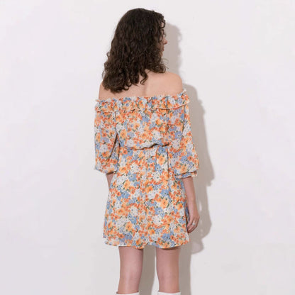 Women’s Mini Dress – Chiffon – Strapless Off Shoulder – Floral Print – Flowy Fit