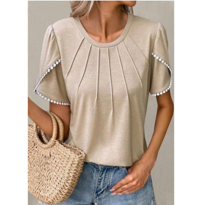 Women’s T-Shirt – Relaxed Fit – Soft Knit – Ruffled Sleeves – Pleated Front