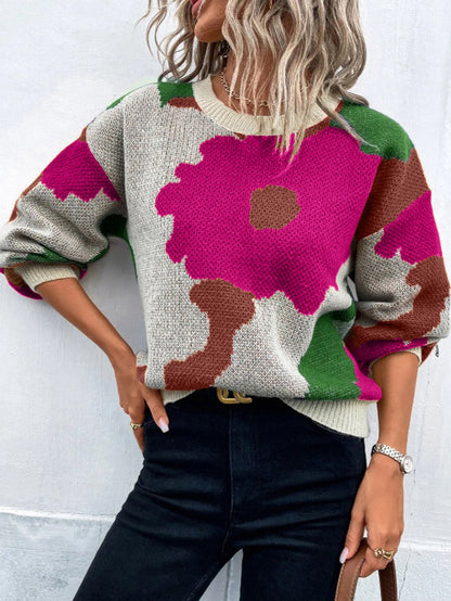 Women’s Pullover Sweater – Knit Fabric – Relaxed Fit – Round Neck – Balloon Sleeves – Patterned