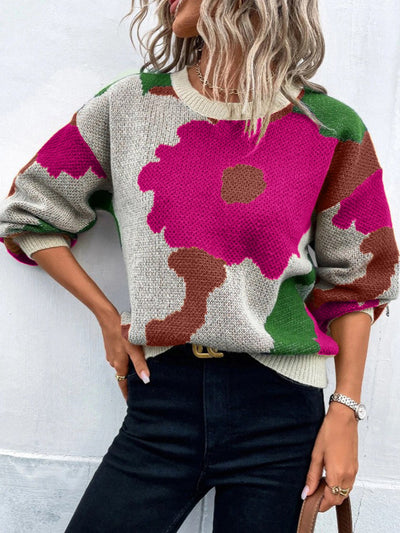 Women’s Pullover Sweater – Knit Fabric – Relaxed Fit – Round Neck – Balloon Sleeves – Patterned
