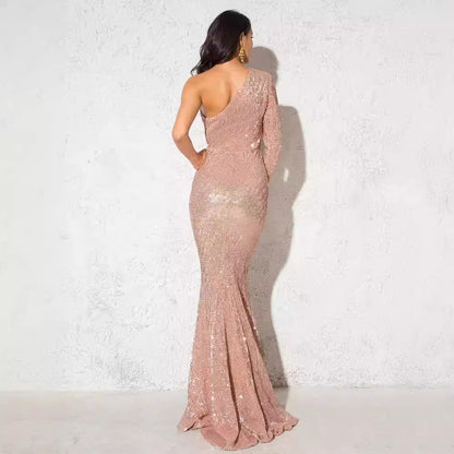 Women’s Evening Gown – One Shoulder – Sequin Embellished – Slim Fit Mermaid Maxi