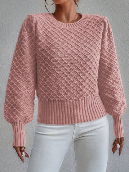 Women’s Pullover Sweater – Wool Blend – Relaxed Fit – Quilted Texture – Crew Neck