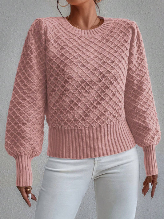 Women’s Pullover Sweater – Wool Blend – Relaxed Fit – Quilted Texture – Crew Neck