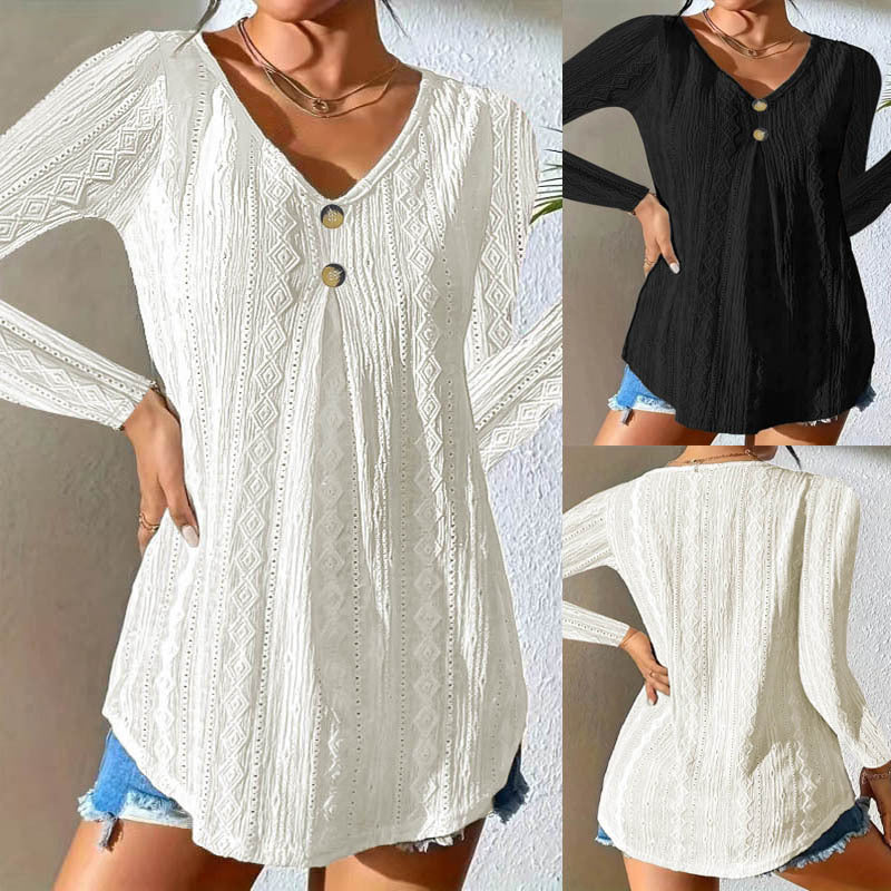 Women's Button Detail Long Sleeve Top - Casual V-Neck - Textured Knit