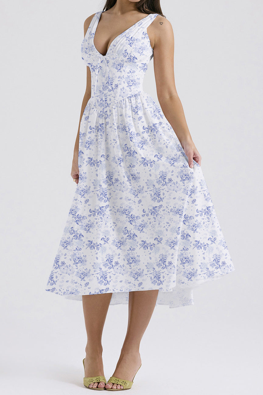 Women’s Midi Dress – Sleeveless V-Neck – A-Line Fit – Floral Print – Lightweight Fabric