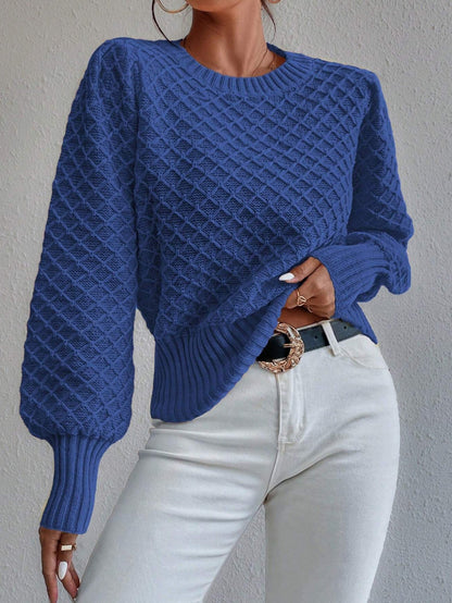 Women’s Pullover Sweater – Wool Blend – Relaxed Fit – Quilted Texture – Crew Neck
