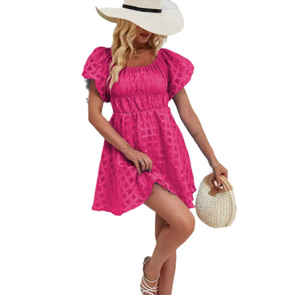 Women’s Mini Dress – Puff Sleeves – Square Neck – Gathered Waist – Textured Breathable Blend