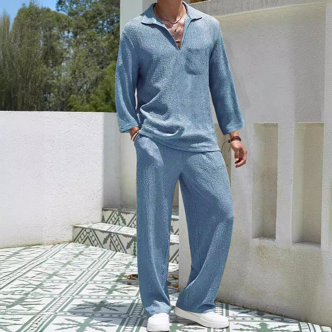 Men’s Lounge Set – Relaxed Fit – Long Sleeve Shirt & Full-Length Pants – Soft Knit